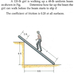 A 120-lb girl is walking up a 48-lb uniform beam
Determine how far up the beam the
as shown in Fig.
girl can walk before the beam starts to slip if
The coefficient of friction is 0.20 at all surfaces.
2 ft
6 ft
8 ft
