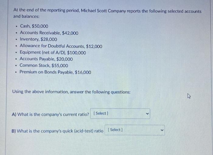 At the end of the reporting period, Michael Scott Company reports the following selected accounts
and balances:
Cash, $50,000
· Accounts Receivable, $42,000
Inventory, $28,000
Allowance for Doubtful Accounts, $12,000
Equipment (net of A/D), $100,000
Accounts Payable, $20,000
• Common Stock, $55,000
Premium on Bonds Payable, $16,000
Using the above information, answer the following questions:
A) What is the company's current ratio? (Select]
B) What is the company's quick (acid-test) ratio [Select)
