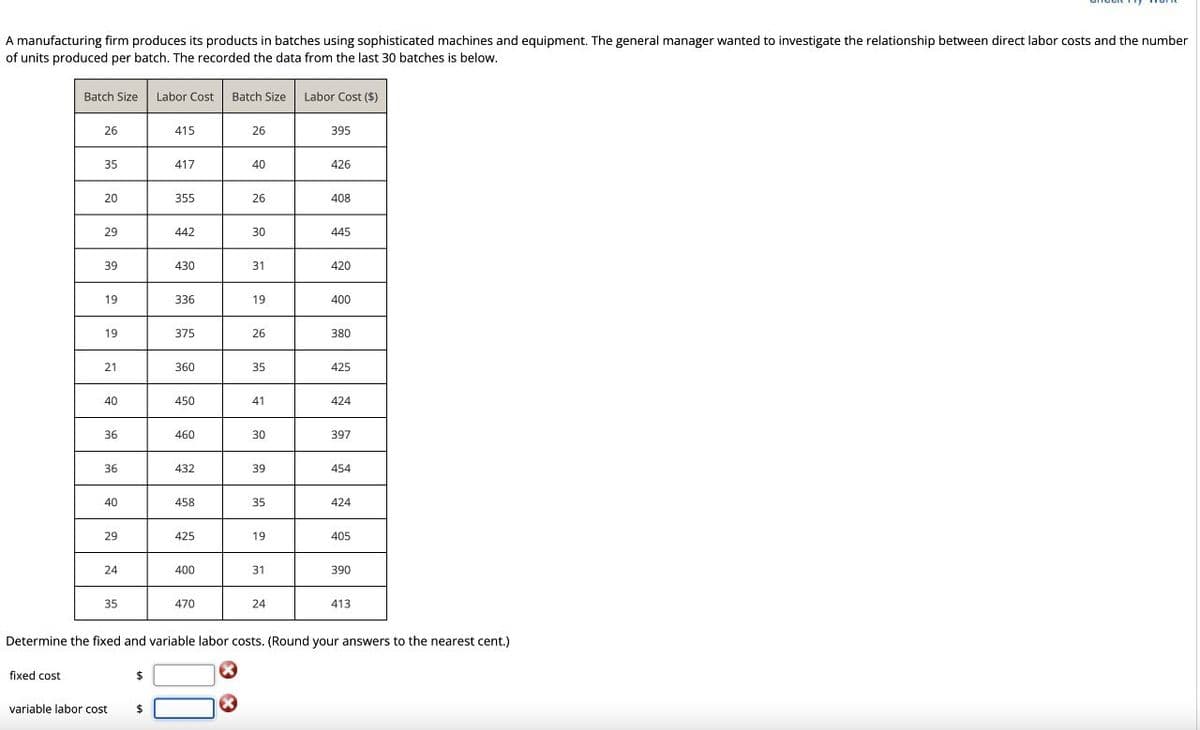 A manufacturing firm produces its products in batches using sophisticated machines and equipment. The general manager wanted to investigate the relationship between direct labor costs and the number
of units produced per batch. The recorded the data from the last 30 batches is below.
Batch Size Labor Cost Batch Size Labor Cost ($)
26
415
26
395
35
417
40
426
20
355
26
408
29
442
30
445
39
430
31
420
19
336
19
400
19
375
26
380
21
360
35
425
40
450
41
424
36
460
30
397
36
432
39
454
40
458
35
424
29
425
19
405
24
400
31
390
35
470
24
413
Determine the fixed and variable labor costs. (Round your answers to the nearest cent.)
fixed cost
$
variable labor cost
$