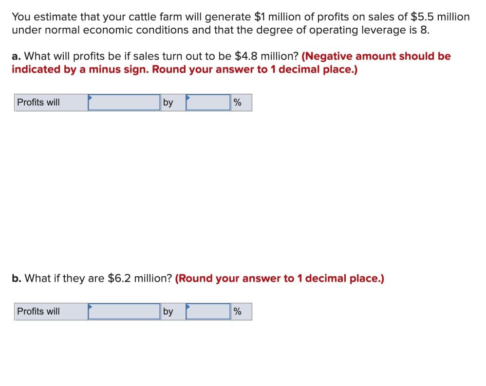 You estimate that your cattle farm will generate $1 million of profits on sales of $5.5 million
under normal economic conditions and that the degree of operating leverage is 8.
a. What will profits be if sales turn out to be $4.8 million? (Negative amount should be
indicated by a minus sign. Round your answer to 1 decimal place.)
Profits will
by
%
b. What if they are $6.2 million? (Round your answer to 1 decimal place.)
Profits will
by
%