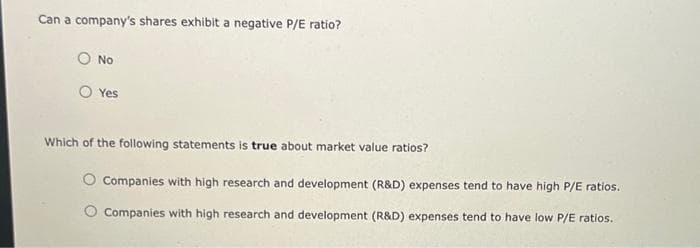 Can a company's shares exhibit a negative P/E ratio?
O No
Yes
Which of the following statements is true about market value ratios?
Companies with high research and development (R&D) expenses tend to have high P/E ratios.
Companies with high research and development (R&D) expenses tend to have low P/E ratios.