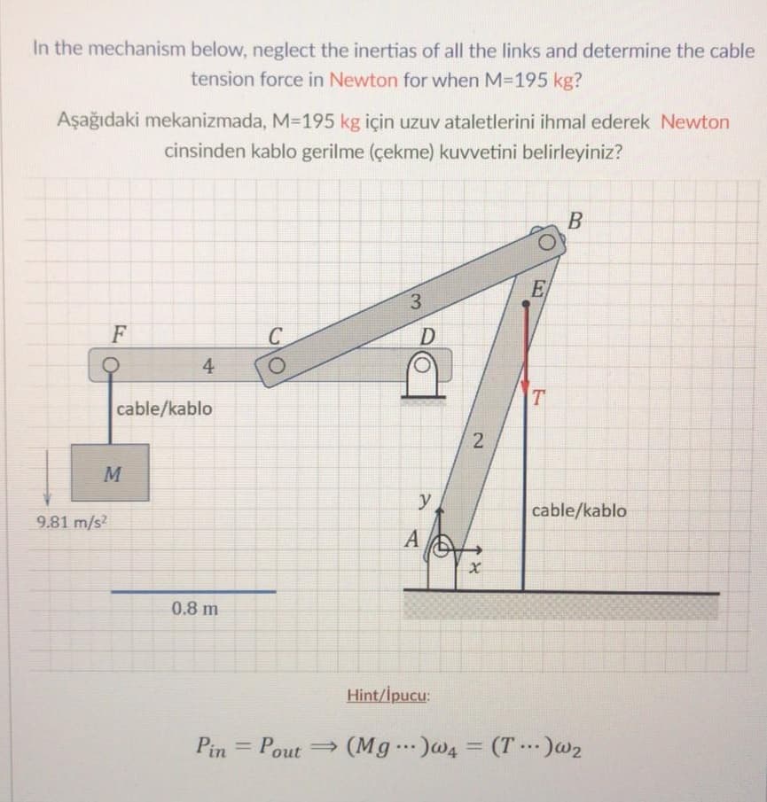 In the mechanism below, neglect the inertias of all the links and determine the cable
tension force in Newton for when M-195 kg?
Aşağıdaki mekanizmada, M-195 kg için uzuv ataletlerini ihmal ederek Newton
cinsinden kablo gerilme (çekme) kuvvetini belirleyiniz?
B
E
3.
D
4
cable/kablo
M
y
cable/kablo
9.81 m/s2
0.8 m
Hint/İpucu:
Pin = (T )w2
Pout = (Mg )w4 =
...
...
