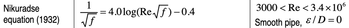 1
= 4.01og(Ref)-0.4
3000 < Re < 3.4×10
Nikuradse
equation (1932)
Smooth pipe,
ɛ|D=0
