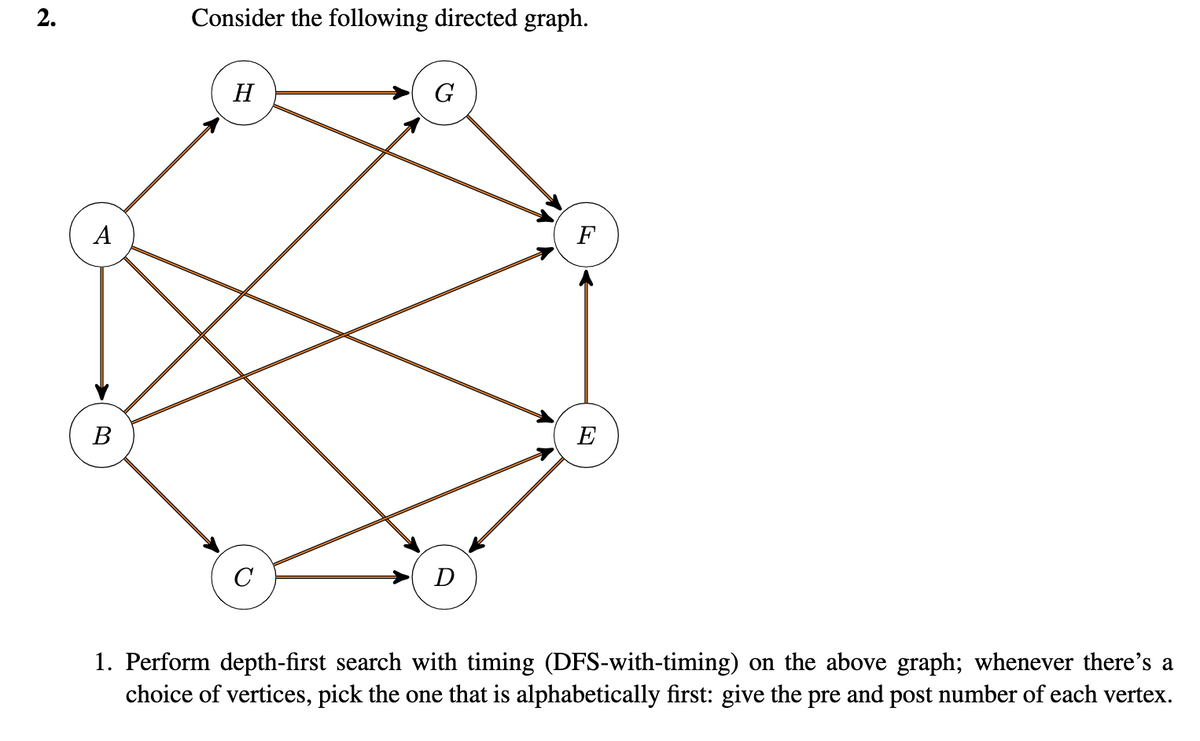 2.
Consider the following directed graph.
H
G
A
F
В
E
C
D
1. Perform depth-first search with timing (DFS-with-timing) on the above graph; whenever there's a
choice of vertices, pick the one that is alphabetically first: give the pre and post number of each vertex.
