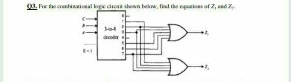 03. For the combinational logic circuit shown below, find the equations of Z, and Z.
3-10-8
decoder
