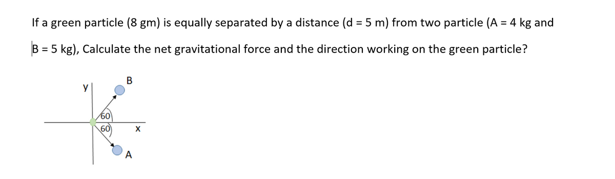 If a green particle (8 gm) is equally separated by a distance (d = 5 m) from two particle (A = 4 kg and
B = 5 kg), Calculate the net gravitational force and the direction working on the green particle?
В
y
60
60
А
