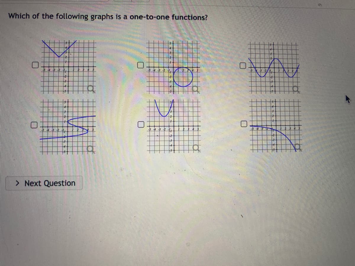 Which of the following graphs is a one-to-one functions?
> Next Question

