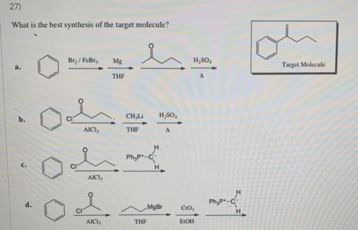 27)
What is the best synthesis of the target molecule?
Bry / FeBr3
Mg
H;SO,
Target Molecule
a.
THF
CI
CH,Li
H,SO,
b.
AICI,
THF
Ph,Pt-
с.
CI
H.
AICI,
Ph3Pt-C
H
d.
MgBr
CO,
AICI
THF
EIOH
