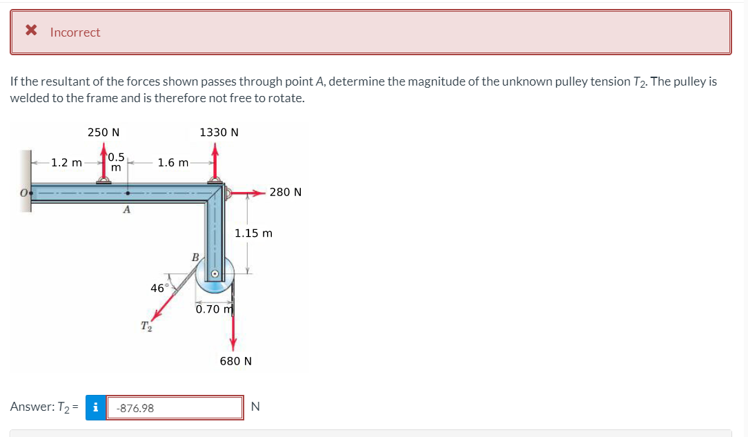 X Incorrect
If the resultant of the forces shown passes through point A, determine the magnitude of the unknown pulley tension T2. The pulley is
welded to the frame and is therefore not free to rotate.
250 N
1330 N
10.5
1.2 m
1.6 m
280 N
A
1.15 m
B
46
0.70 m
T2
680 N
Answer: T2 =
i
-876.98
N
