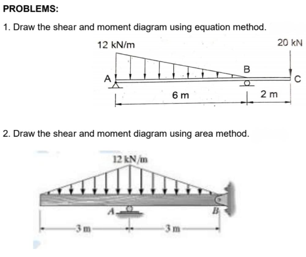 PROBLEMS:
1. Draw the shear and moment diagram using equation method.
20 kN
12 kN/m
в
A
2 m
6 m
to
2. Draw the shear and moment diagram using area method.
12 kN/m
-3 m
-3m
