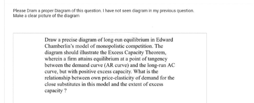 Please Dram a proper Diagram of this question. I have not seen diagram in my previous question.
Make a clear picture of the diagram
Draw a precise diagram of long-run equilibrium in Edward
Chamberlin's model of monopolistic competition. The
diagram should illustrate the Excess Capacity Theorem,
wherein a firm attains equilibrium at a point of tangency
between the demand curve (AR curve) and the long-run AC
curve, but with positive excess capacity. What is the
relationship between own price-elasticity of demand for the
close substitutes in this model and the extent of excess
capacity ?