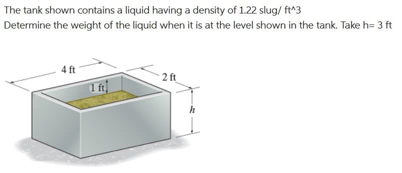The tank shown contains a liquid having a density of 1.22 slug/ ft^3
Determine the weight of the liquid when it is at the level shown in the tank. Take h= 3 ft
4 ft
2 ft
1 ft
28
h
