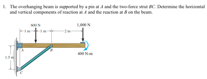1. The overhanging beam is supported by a pin at 4 and the two-force strut BC. Determine the horizontal
and vertical components of reaction at A and the reaction at B on the beam.
600 N
1,000 N
-2 m-
400 N-m
1.5 m
