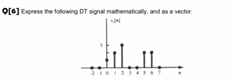 Q[6] Express the following DT signal mathematically, and as a vector.
2 -10I 2 3 45 6 7
