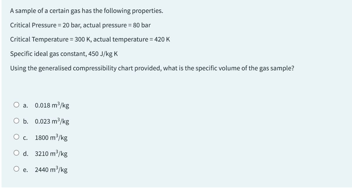 A sample of a certain gas has the following properties.
Critical Pressure = 20 bar, actual pressure = 80 bar
Critical Temperature = 300 K, actual temperature = 420 K
Specific ideal gas constant, 450 J/kg K
Using the generalised compressibility chart provided, what is the specific volume of the gas sample?
O a. 0.018 m³/kg
O b. 0.023 m³/kg
O c. 1800 m³/kg
d. 3210 m³/kg
e. 2440 m³/kg
