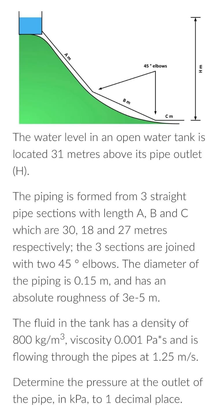 45° elbows
Am
Bm
Cm
The water level in an open water tank is
located 31 metres above its pipe outlet
(H).
The piping is formed from 3 straight
pipe sections with length A, B and C
which are 30, 18 and 27 metres
respectively; the 3 sections are joined
with two 45° elbows. The diameter of
the piping is 0.15 m, and has an
absolute roughness of 3e-5 m.
The fluid in the tank has a density of
800 kg/m³, viscosity 0.001 Pa*s and is
flowing through the pipes at 1.25 m/s.
Determine the pressure at the outlet of
the pipe, in kPa, to 1 decimal place.
Hm