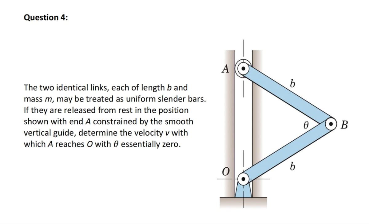 Question 4:
The two identical links, each of length b and
mass m, may be treated as uniform slender bars.
If they are released from rest in the position
shown with end A constrained by the smooth
vertical guide, determine the velocity v with
which A reaches O with essentially zero.
A
b
6
B