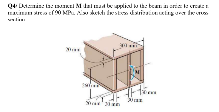 Q4/ Determine the moment M that must be applied to the beam in order to create a
maximum stress of 90 MPa. Also sketch the stress distribution acting over the cross
section.
300 mm
20 mm
M
260'mm
30 mm
30 mm
20 mm 30 mm
