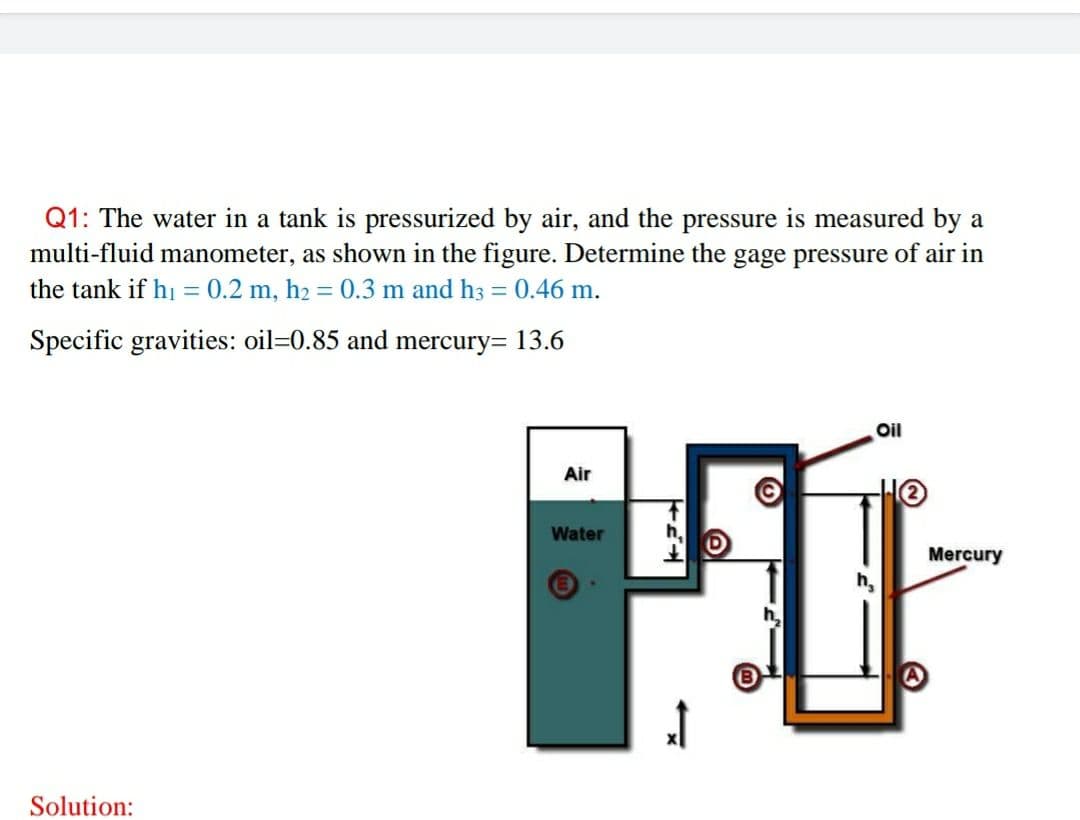 Q1: The water in a tank is pressurized by air, and the pressure is measured by a
multi-fluid manometer, as shown in the figure. Determine the gage pressure of air in
the tank if hi = 0.2 m, h2 = 0.3 m and h3 = 0.46 m.
Specific gravities: oil=0.85 and mercury= 13.6
Oil
Air
Water
Mercury
h,
Solution:
