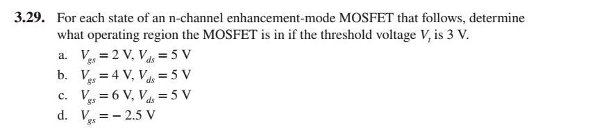 3.29. For each state of an n-channel enhancement-mode MOSFET that follows, determine
what operating region the MOSFET is in if the threshold voltage V, is 3 V.
a. V = 2 V, Vds=5 V
b. Vas = 4 V, Vas = 5 V
c. Vg = 6 V, V4s = 5 V
gs
с.
%3D
d. Ve = - 2.5 V
gs
