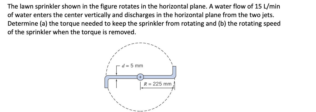 The lawn sprinkler shown in the figure rotates in the horizontal plane. A water flow of 15 L/min
of water enters the center vertically and discharges in the horizontal plane from the two jets.
Determine (a) the torque needed to keep the sprinkler from rotating and (b) the rotating speed
of the sprinkler when the torque is removed.
d = 5 mm
R = 225 mm
