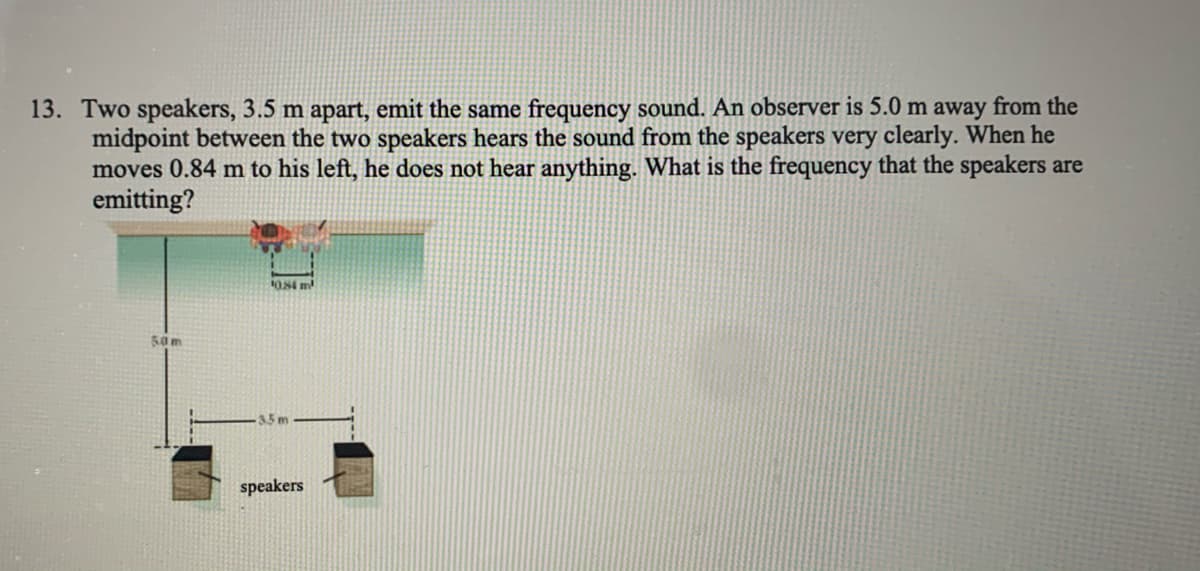 13. Two speakers, 3.5 m apart, emit the same frequency sound. An observer is 5.0 m away from the
midpoint between the two speakers hears the sound from the speakers very clearly. When he
moves 0.84 m to his left, he does not hear anything. What is the frequency that the speakers are
emitting?
1084 m!
50m
3.5m
speakers
