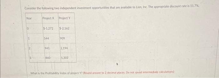 Consider the following two independent investment opportunities that are available to Lion, Inc. The appropriate discount rate is 11.7%.
Project X Project Y
Year
0
1
2
3
$-1,272
544
941
860
$-2.162
909
2,194
1,302
What is the Profitability Index of project Y? (Round answer to 2 decimal places. Do not round intermediate calculations)
