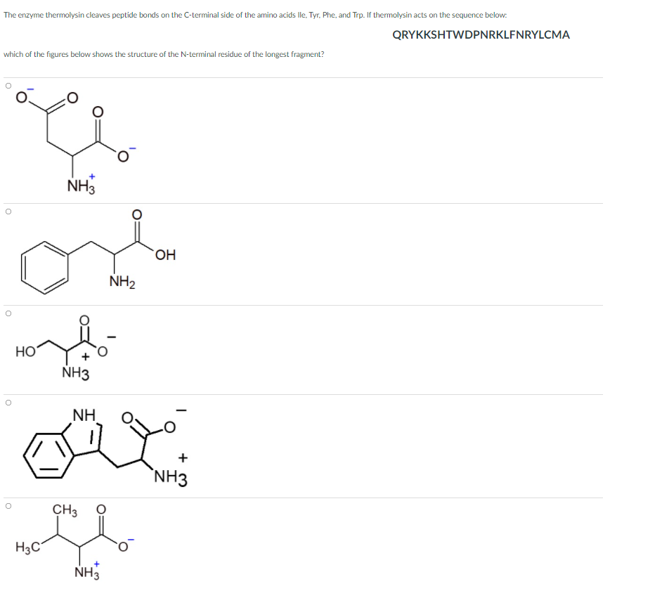 The enzyme thermolysin cleaves peptide bonds on the C-terminal side of the amino acids lle, Tyr, Phe, and Trp. If thermolysin acts on the sequence below:
QRYKKSHTWDPNRKLFNRYLCMA
which of the figures below shows the structure of the N-terminal residue of the longest fragment?
NH3
HO,
NH2
HOʻ
NH3
NH
`NH3
CH3 0
H3C°
NH3
