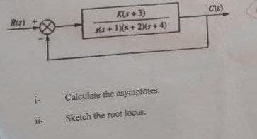 R(3)
ii-
K(s+3)
s(s+1Xs+2)(5+4)
Calculate the asymptotes.
Sketch the root locus.
C(s)