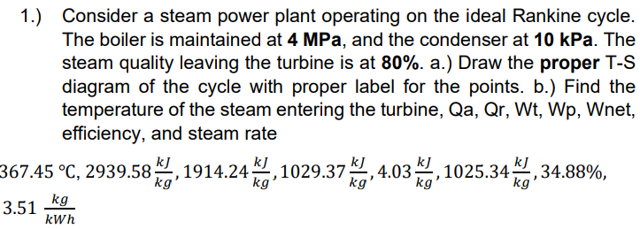 1.) Consider a steam power plant operating on the ideal Rankine cycle.
The boiler is maintained at 4 MPa, and the condenser at 10 kPa. The
steam quality leaving the turbine is at 80%. a.) Draw the proper T-S
diagram of the cycle with proper label for the points. b.) Find the
temperature of the steam entering the turbine, Qa, Qr, Wt, Wp, Wnet,
efficiency, and steam rate
kJ
367.45 °C, 2939.58, 1914.24,1029.37, 4.03, 1025.34,34.88%,
kJ
kg
kg'
kg
kg
kg
kg
3.51
kWh
