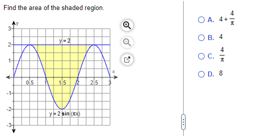 Find the area of the shaded region.
-1-
-2-
05
y=2
15
y=2 sin(xx)
25
x4
Q
o
C
OA. 4+1/
OB. 4
4
OC. €/
O D. 8