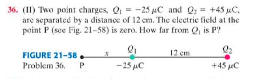 36. (I1) Two point charges, Qi = -25 µC and Q2 = +45 µC,
are separated by a distance of 12 cm. The electric field at the
point P (see Fig. 21-58) is zero. How far from Q, is P?
FIGURE 21-58
12 cm
Q2
Problem 36. P
-25 μC
+45 μC
