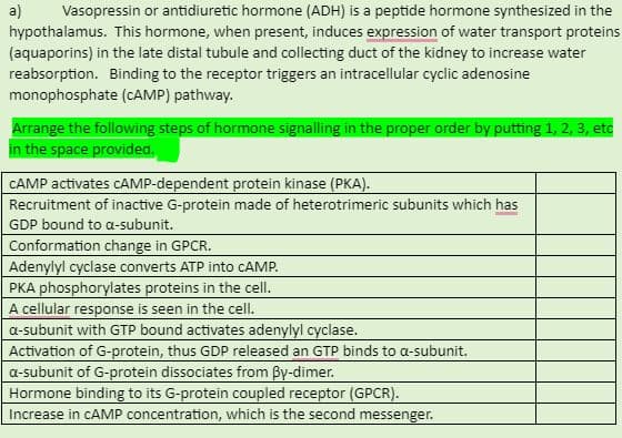 Vasopressin or antidiuretic hormone (ADH) is a peptide hormone synthesized in the
a)
hypothalamus. This hormone, when present, induces expression of water transport proteins
(aquaporins) in the late distal tubule and collecting duct of the kidney to increase water
reabsorption. Binding to the receptor triggers an intracellular cyclic adenosine
monophosphate (CAMP) pathway.
Arrange the following steps of hormone signalling in the proper order by putting 1, 2, 3, etc
in the space provided,
CAMP activates CAMP-dependent protein kinase (PKA).
Recruitment of inactive G-protein made of heterotrimeric subunits which has
GDP bound to a-subunit.
Conformation change in GPCR.
Adenylyl cyclase converts ATP into CAMP.
PKA phosphorylates proteins in the cell.
A cellular response is seen in the cell.
a-subunit with GTP bound activates adenylyl cyclase.
Activation of G-protein, thus GDP released an GTP binds to a-subunit.
a-subunit of G-protein dissociates from By-dimer.
Hormone binding to its G-protein coupled receptor (GPCR).
Increase in CAMP concentration, which is the second messenger.
