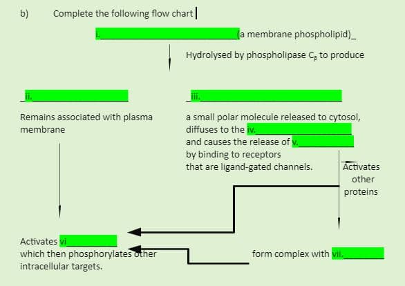 b)
Complete the following flow chart|
(a membrane phospholipid)_
Hydrolysed by phospholipase C, to produce
Remains associated with plasma
membrane
a small polar molecule released to cytosol,
diffuses to the iv.
and causes the release of v.
by binding to receptors
that are ligand-gated channels.
Activates
other
proteins
Activates vi
which then phosphorylates other
intracellular targets.
form complex with vii.
