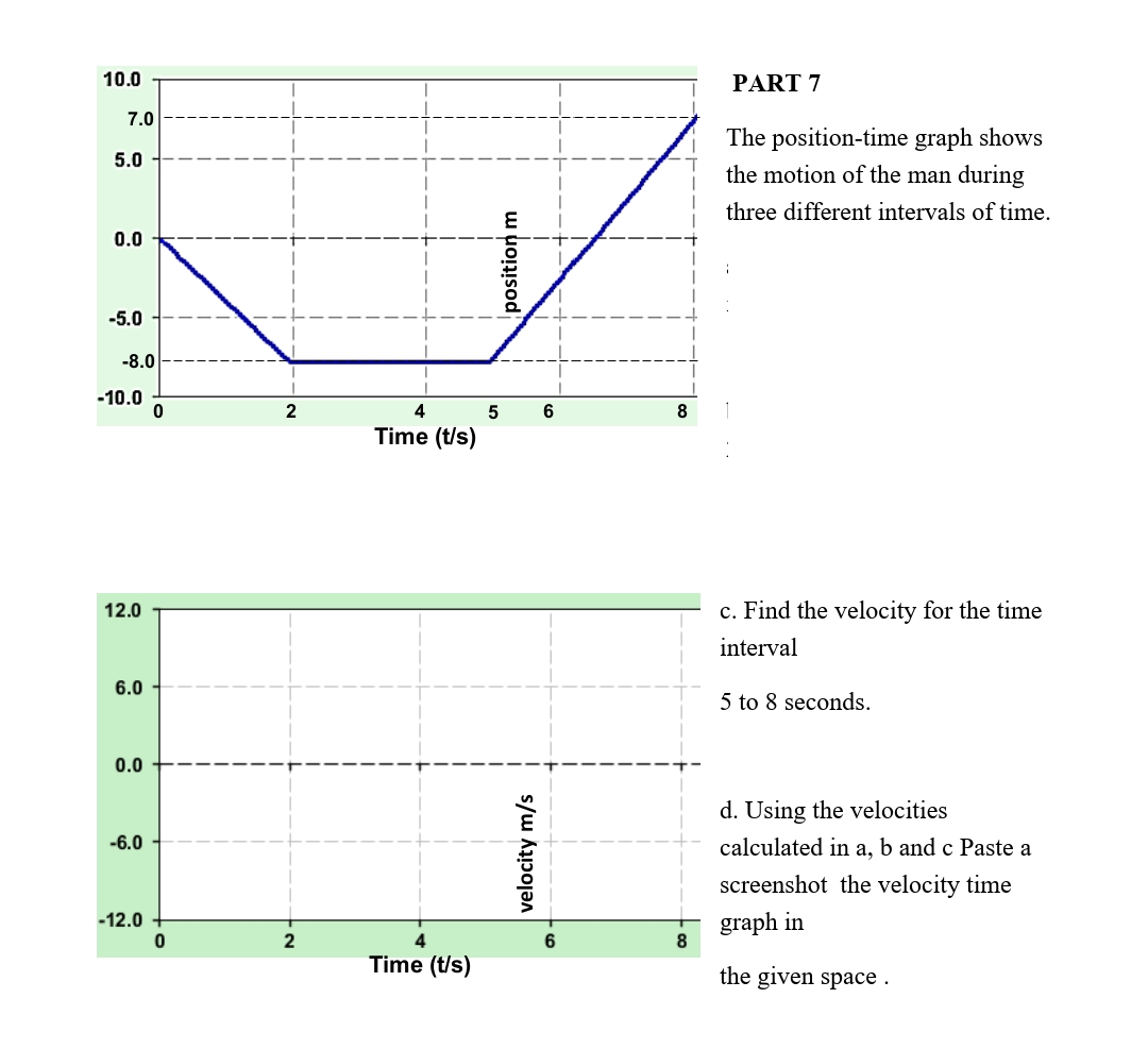 10.0
7.0
5.0
0.0
-5.0
-8.0
-10.0
12.0
6.0
0.0
-6.0
-12.0
0
0
2
4
Time (t/s)
Time (t/s)
position m
5
velocity m/s
6
8
8
PART 7
The position-time graph shows
the motion of the man during
three different intervals of time.
c. Find the velocity for the time
interval
5 to 8 seconds.
d. Using the velocities
calculated in a, b and c Paste a
screenshot the velocity time
graph in
the given space.