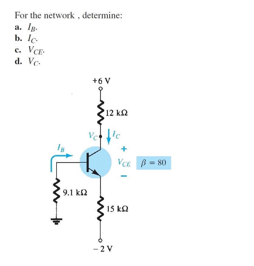 For the network, determine:
a. IB.
b. lc.
c. VCE.
d. Vc.
9.1 kQ2
+6 V
Vc
12 ΚΩ
+
VCE B = 80
15 ΚΩ
- 2 V