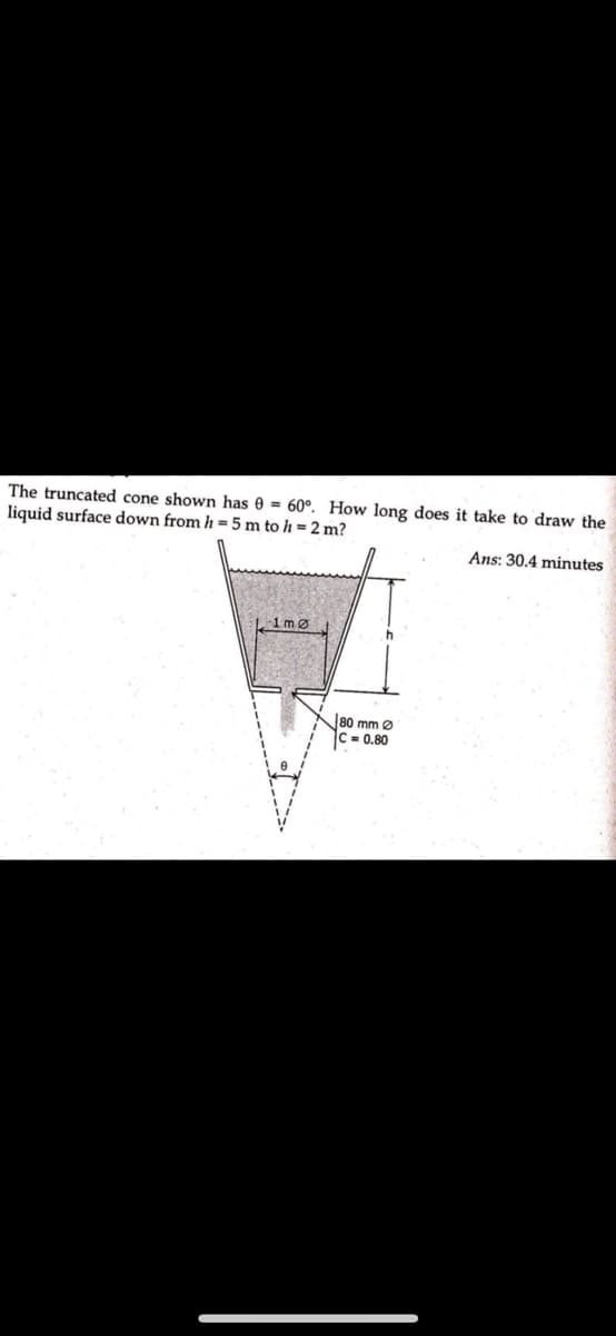 The truncated cone shown has 0 = 60°. How long does
liquid surface down from h = 5 m to h = 2 m?
Limo
80 mm Ø
= 0.80
take to draw the
Ans: 30.4 minutes