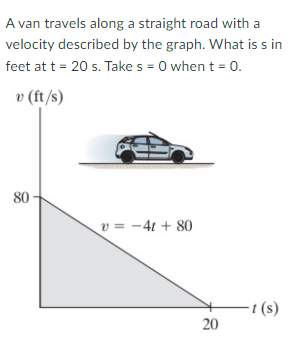 A van travels along a straight road with a
velocity described by the graph. What is s in
feet at t = 20 s. Take s = 0 when t = 0.
v (ft/s)
80-
v = -4t + 80
- t (s)
20
