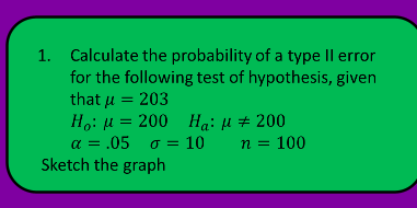 1. Calculate the probability of a type Il error
for the following test of hypothesis, given
that u = 203
H,: u = 200 Hạ: µ # 200
α= .05 σ= 10
Sketch the graph
n = 100
