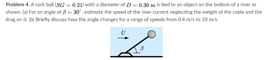 Problem 4. A cork ball (SG = 0.21) with a diameter of D = 0.30 m is tied to an object on the bottom of a river as
%3D
shown. (a) For an angle of B = 30°, estimate the speed of the river current neglecting the weight of the cable and the
drag on it. (b) Briefly discuss how the angle changes for a range of speeds from 0.4 m/s to 10 m/s.
U
