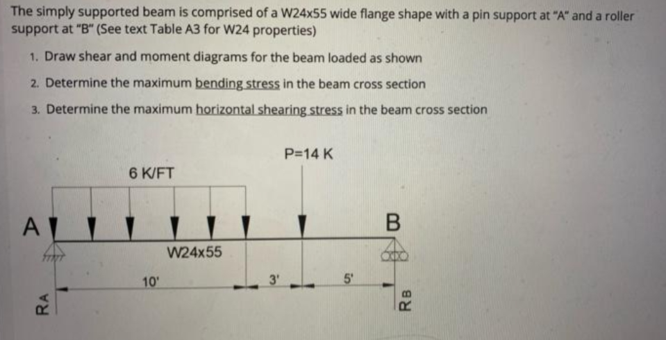The simply supported beam is comprised of a W24x55 wide flange shape with a pin support at "A" and a roller
support at "B" (See text Table A3 for W24 properties)
1. Draw shear and moment diagrams for the beam loaded as shown
2. Determine the maximum bending stress in the beam cross section
3. Determine the maximum horizontal shearing stress in the beam cross section
P=14 K
6 K/FT
А
W24x55
10'
3'
5'
RA
RB
