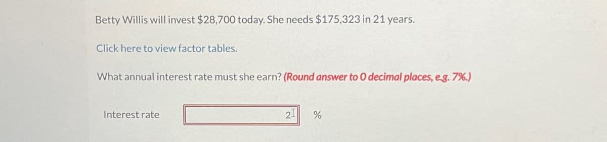 Betty Willis will invest $28,700 today. She needs $175,323 in 21 years.
Click here to view factor tables.
What annual interest rate must she earn? (Round answer to 0 decimal places, e.g. 7%.)
Interest rate
21
%