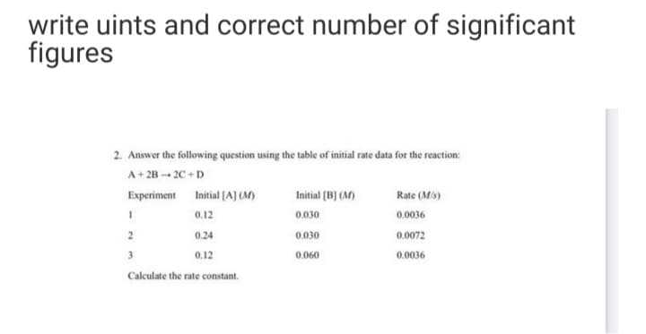 write uints and correct number of significant
figures
2. Answer the following question using the table of initial rate data for the reaction:
A+ 2B - 20 + D
Experiment Initial (A] (M)
Initial (B] (M)
Rate (M/s)
0.12
0.030
0.0036
0.24
0.030
0.0072
3
0.12
0.060
0.0036
Calculate the rate constant.
