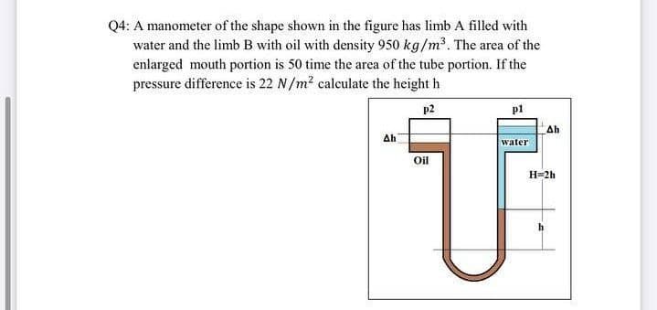 Q4: A manometer of the shape shown in the figure has limb A filled with
water and the limb B with oil with density 950 kg/m³. The area of the
enlarged mouth portion is 50 time the area of the tube portion. If the
pressure difference is 22 N/m² calculate the height h
p2
p1
Ah
water
Oil
Ah
H=2h