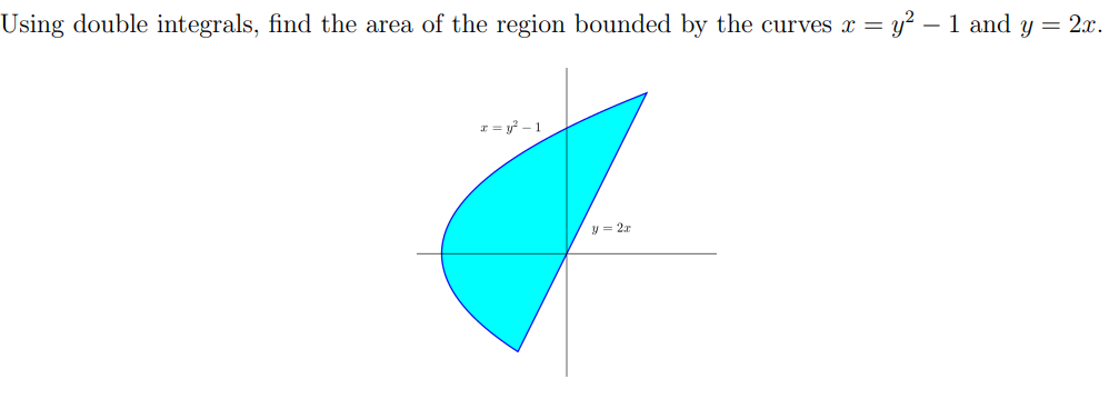 Using double integrals, find the area of the region bounded by the curves x = y² — 1 and y = 2x.
x=y²-1
y = 2x