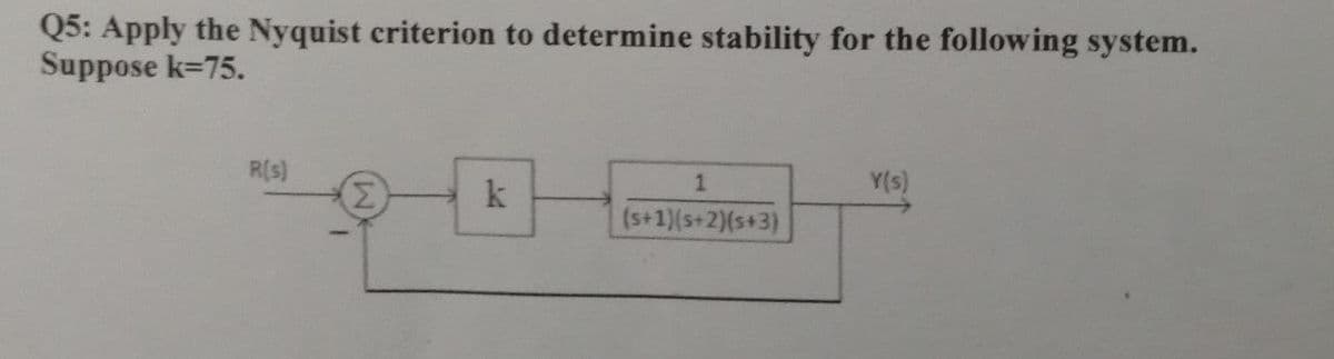 Q5: Apply the Nyquist criterion to determine stability for the following system.
Suppose k=75.
R(s)
1
Y(s)
Σ
k
(s+1)(s+2)(s+3)