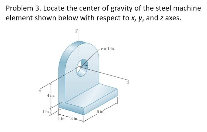 Problem 3. Locate the center of gravity of the steel machine
element shown below with respect to x, y, and z axes.
r= 1 in.
4 in.
1 in.
6 in.
1 in. 3 in..
