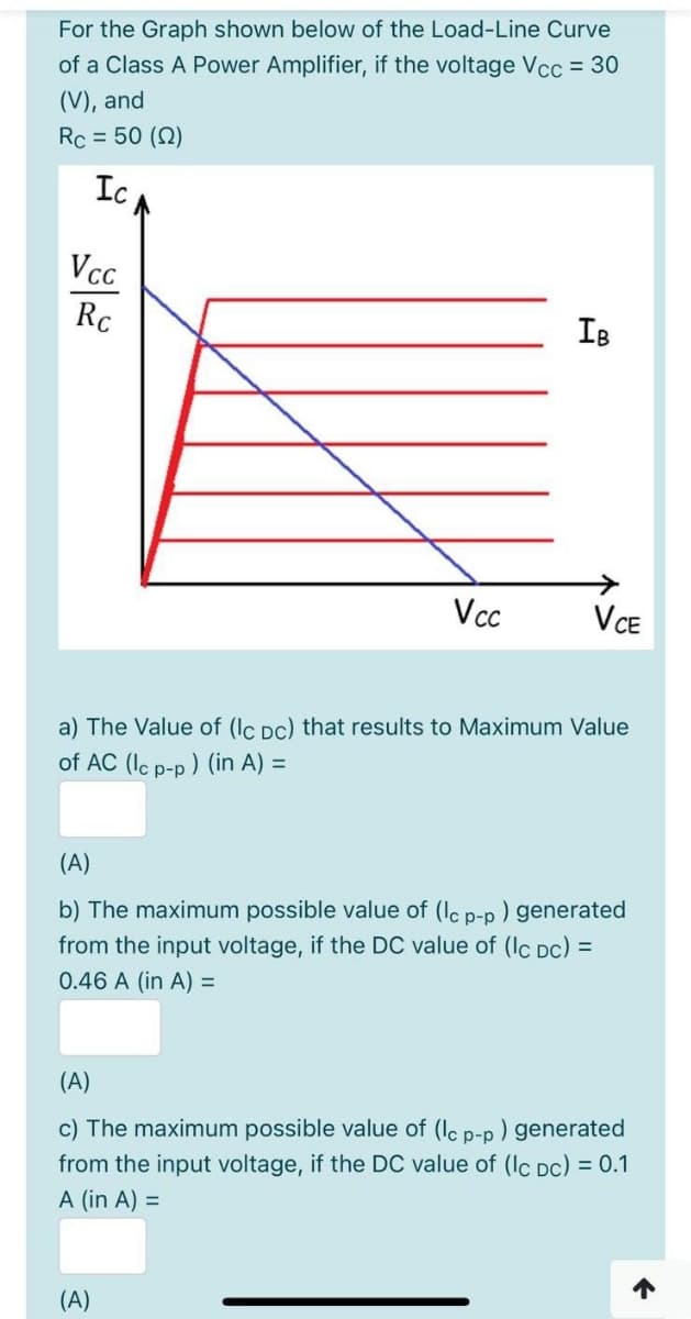For the Graph shown below of the Load-Line Curve
of a Class A Power Amplifier, if the voltage Vcc = 30
(V), and
Rc = 50 (N)
Ic
Vcc
Rc
IB
Vcc
VCE
a) The Value of (Ic Dc) that results to Maximum Value
of AC (lc p-p ) (in A) =
(A)
b) The maximum possible value of (Ic p-p ) generated
from the input voltage, if the DC value of (lc Dc) =
0.46 A (in A) =
(A)
c) The maximum possible value of (Ic p-p ) generated
from the input voltage, if the DC value of (Ic Dc) = 0.1
A (in A) =
(A)

