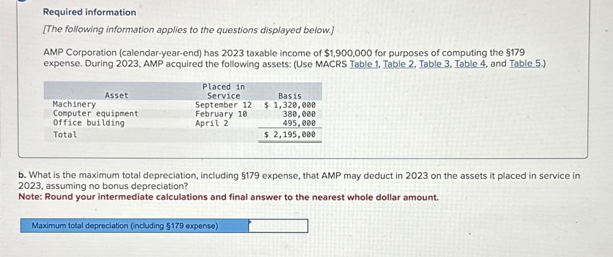 Required information
[The following information applies to the questions displayed below.]
AMP Corporation (calendar-year-end) has 2023 taxable income of $1,900,000 for purposes of computing the $179
expense. During 2023, AMP acquired the following assets: (Use MACRS Table 1, Table 2, Table 3, Table 4, and Table 5.)
Placed in
Asset
Service
Basis
Machinery
Computer equipment
Office building
Total
September 12 $ 1,320,000
February 10
380,000
April 2
495,000
$ 2,195,000
b. What is the maximum total depreciation, including $179 expense, that AMP may deduct in 2023 on the assets it placed in service in
2023, assuming no bonus depreciation?
Note: Round your intermediate calculations and final answer to the nearest whole dollar amount.
Maximum total depreciation (including $179 expense)