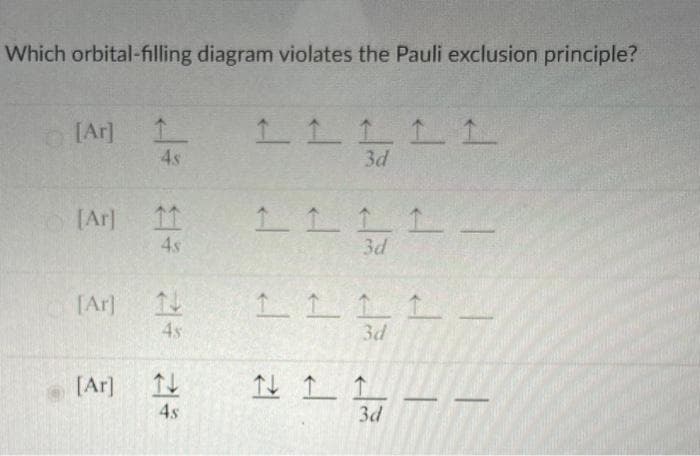 Which orbital-filling diagram violates the Pauli exclusion principle?
[Ar] ↑
4s
[Ar] 11
4s
[Ar]
[Ar]
김
4s
ㄴ
4s
11111
3d
1111
3d
1111
3d
N 1 1
3d